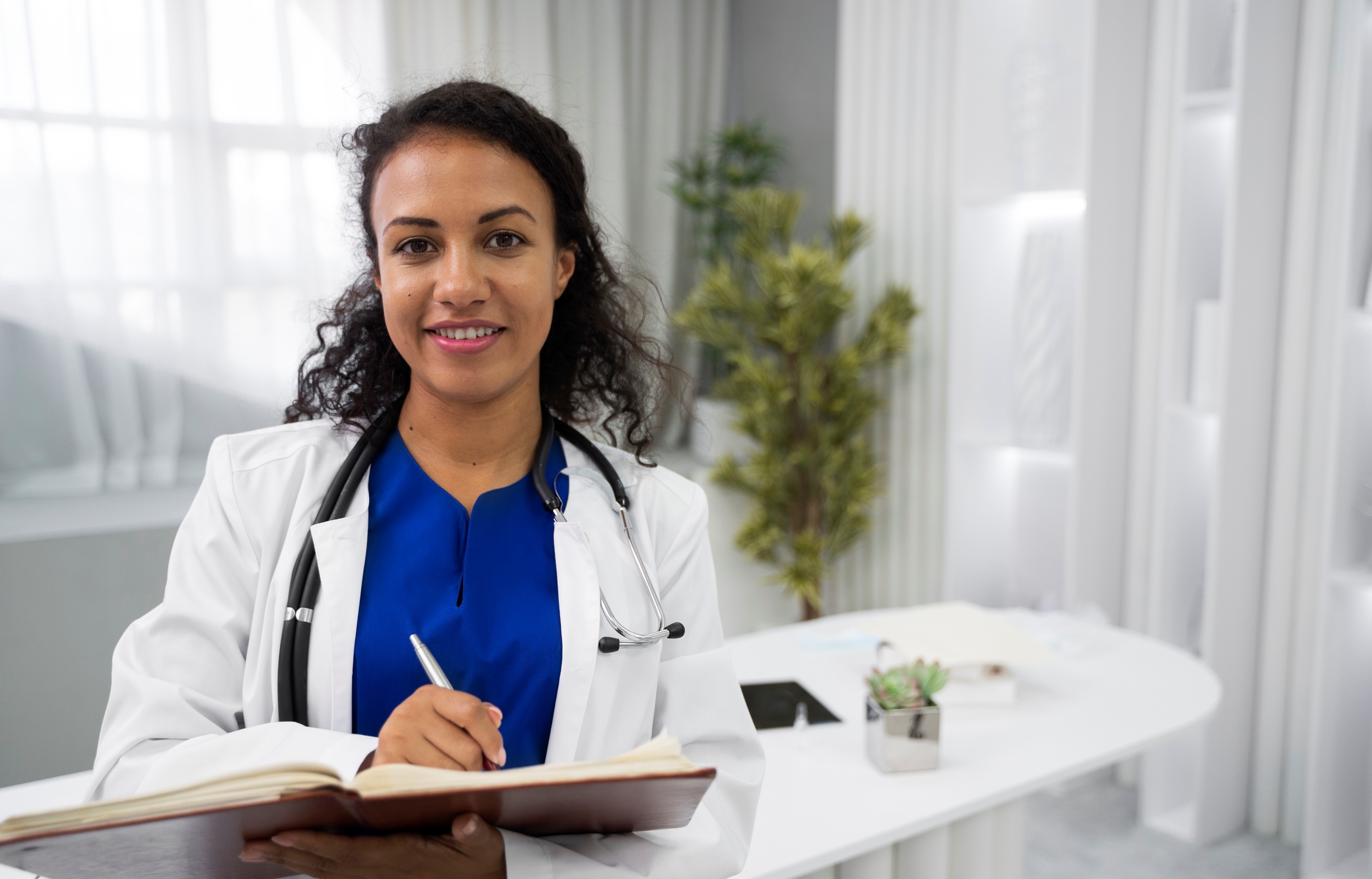 Front view of a medical professional smiling