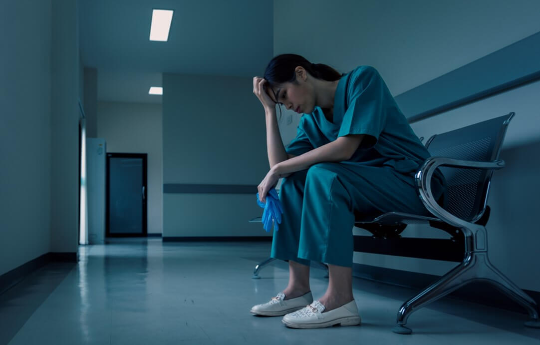 Medical nurse is sitting down a the hospital corridor